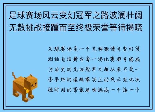 足球赛场风云变幻冠军之路波澜壮阔无数挑战接踵而至终极荣誉等待揭晓