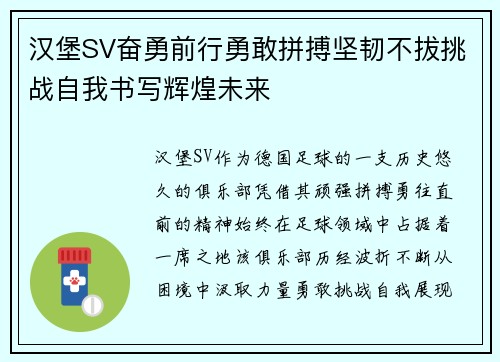 汉堡SV奋勇前行勇敢拼搏坚韧不拔挑战自我书写辉煌未来 汉堡SV奋勇前行勇敢拼搏坚韧不拔挑战自我书写辉煌未来