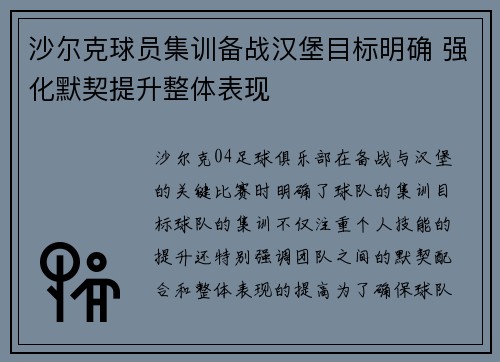 沙尔克球员集训备战汉堡目标明确 强化默契提升整体表现
