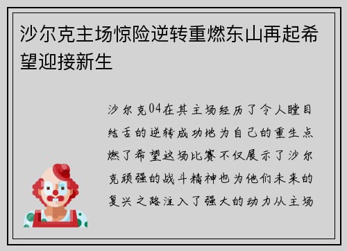 沙尔克主场惊险逆转重燃东山再起希望迎接新生 沙尔克主场惊险逆转重燃东山再起希望迎接新生