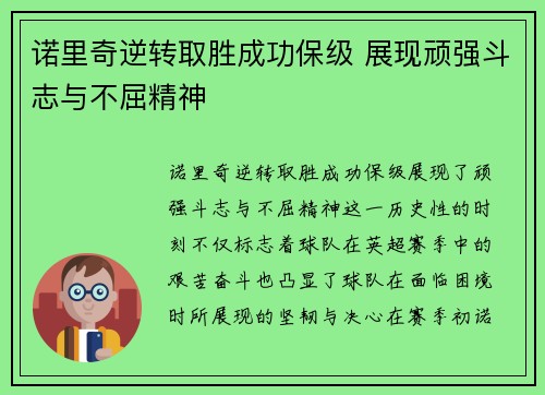 诺里奇逆转取胜成功保级 展现顽强斗志与不屈精神 诺里奇逆转取胜成功保级 展现顽强斗志与不屈精神