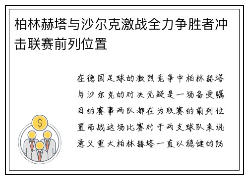 柏林赫塔与沙尔克激战全力争胜者冲击联赛前列位置 柏林赫塔与沙尔克激战全力争胜者冲击联赛前列位置
