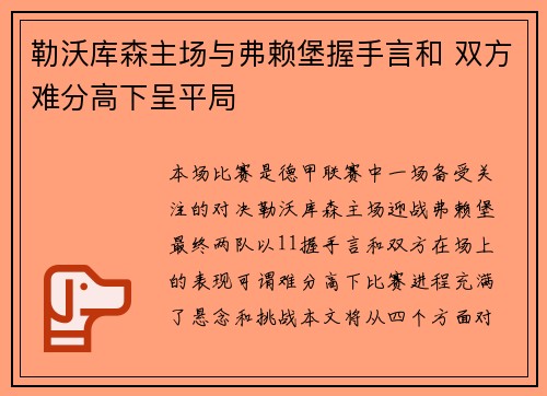 勒沃库森主场与弗赖堡握手言和 双方难分高下呈平局