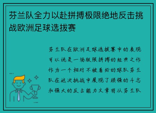 芬兰队全力以赴拼搏极限绝地反击挑战欧洲足球选拔赛